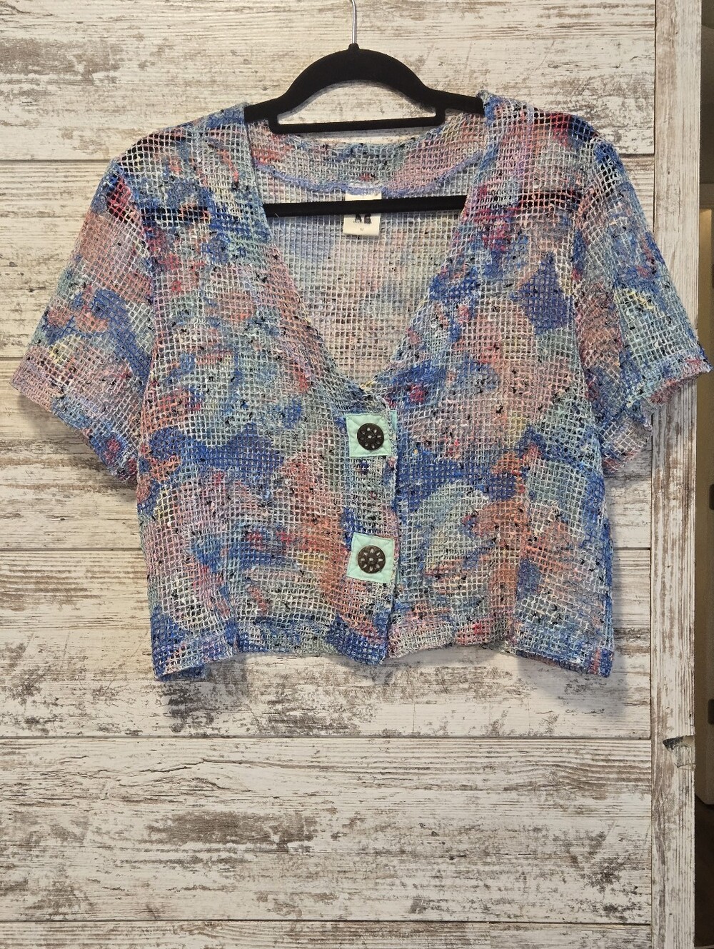 VinTage Blair Multicolor Open-Knit Crochet Crop Top with Front Buttons